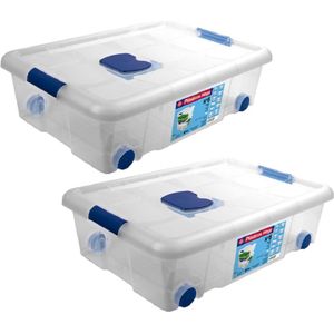2x Opbergboxen/opbergdozen met deksel en wieltjes 31 liter kunststof transparant/blauw - 61 x 44 x 18 cm - Opbergbakken