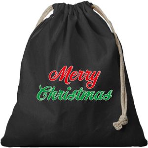 2x Kerst Merry Christmas cadeauzakje zwart met sluitkoord - katoenen / jute zak - Kerst cadeauverpakking zakjes