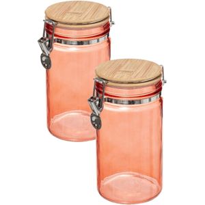 2x stuks voorraadbussen/voorraadpotten 1L glas koraal oranje bamboe beugelsluiting - 1000 ml - Voorraadpotten luchtdichte sluiting