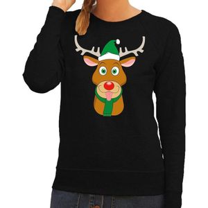 Foute kersttrui / sweater met Rudolf het rendier met groene kerstmuts zwart voor dames - Kersttruien