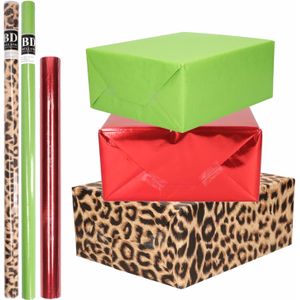 6x Rollen kraft inpakpapier pakket dierenprint/metallic rood en groen 200 x 70/50 cm/cadeaupapier/verzendpapier/kaftpapier