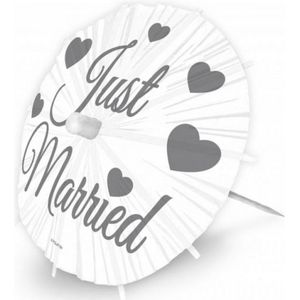 8x stuks Just Married parasol prikkers 20 cm - Bruiloft/huwelijk feestartikelen/tafel versieringen