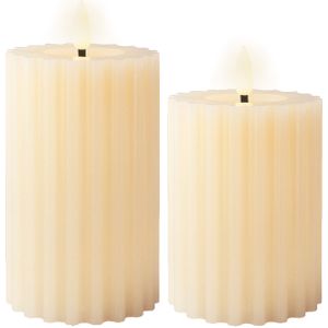 Luxe LED kaarsen/stompkaarsen - set 2x - creme wit ribbel - D7,5 x H12,5 en H15 cm - timer