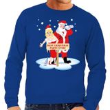 Foute kersttrui / sweater dronken kerstman en kerstvrouw na kerstborrel/ feest blauw voor heren - Kersttruien