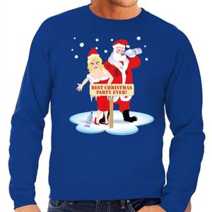 Foute kersttrui / sweater dronken kerstman en kerstvrouw na kerstborrel/ feest blauw voor heren - Kersttruien