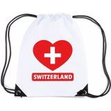 Zwitserland nylon rijgkoord rugzak/ sporttas wit met Zwitserse vlag in hart