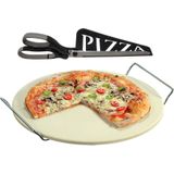 Keramieken pizzasteen rond 33 cm met handvaten - Met zwarte pizzaschaar 30 cm - BBQ/oven pizza stone