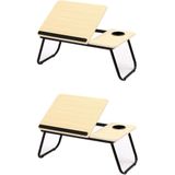 2x stuks laptoptafels / schoottafels / bedtafels naturel MDF hout 62 x 37 x 26 cm - Tafeltje met tablethouder en bekerhouder