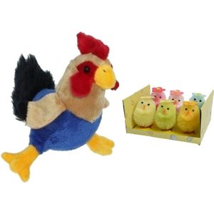 Pluche kippen/hanen knuffel van 20 cm met 6x stuks mini gekleurde kuikentjes met bloem 6,5 cm - Paas/pasen decoratie