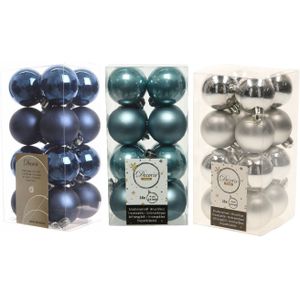 48x Stuks kunststof kerstballen mix donkerblauw/zilver/ijsblauw 4 cm - Kleine kerstballetjes - Kerstboomversiering