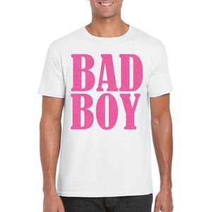 Bellatio Decorations Foute party t-shirt voor heren - Bad Boy - wit - glitter - carnaval/themafeest