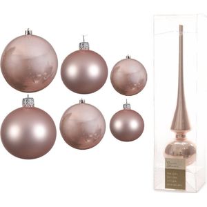 Groot pakket glazen kerstballen lichtroze glans/mat 50x stuks - 4-6-8 cm incl piek glans 26 cm