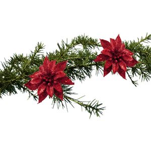 Cosy and Trendy kerstboomversiering bloemen op clip - 2x st - rood - 8 cm - glitters