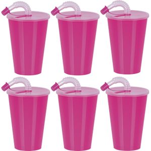 Juypal Drinkbeker met deksel en rietje - 12x - roze - kunststof - 450 ml - 12 x 9 cm