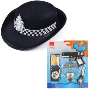 Carnaval verkleed politie agent set - pet/cap zwart - pistool/badge/handboeien set