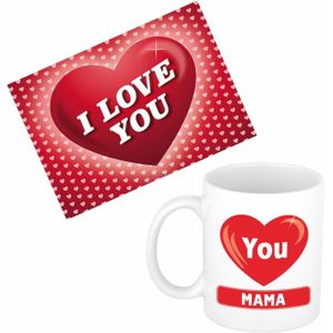 Mama jarig/Moederdag cadeau drink mok/beker + grote I Love you wenskaart(15 x 21 cm)