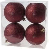 12x Donkerrode kunststof kerstballen 10 cm - Glitter - Onbreekbare plastic kerstballen - Kerstboomversiering donkerrood