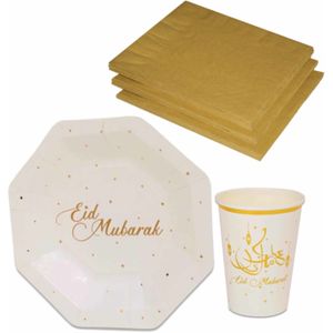 Tafel dekken Ramadan feestartikelen wit/goud 8x bordjes/8x drink bekers/20x servetten