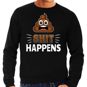 Funny emoticon sweater Shit happens zwart voor heren - Fun / cadeau trui