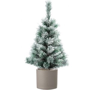 Mini kunst kerstboom besneeuwd 60 cm - Inclusief taupe plantenpot 12,5 x 13,5 cm - Kunstboompjes