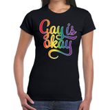 Gay is okay gay pride t-shirt zwart met regenboog tekst voor dames -  Gay pride/LGBT kleding