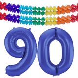 Folat folie ballonnen - Leeftijd cijfer 90 - blauw - 86 cm - en 2x slingers