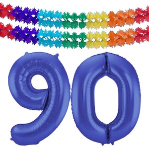 Folat folie ballonnen - Leeftijd cijfer 90 - blauw - 86 cm - en 2x slingers