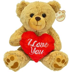 Valentijn I Love You knuffel beertje - zachte pluche - rood hartje - cadeau - 20 cm - lichtbruin - Valentijn cadeautje voor hem/haar