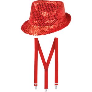 Carnaval verkleed set - hoedje en bretels - rood - volwassenen - glitters