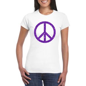 Wit Flower Power t-shirt paarse glitter peace teken dames - Sixties/jaren 60 kleding