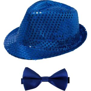 Carnaval verkleed set - hoedje en vlinderstrikje - blauw - volwassenen - glitters