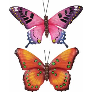 Set van 2x stuks tuindecoratie muur/wand/schutting vlinders van metaal in oranje en roze tinten 48 x 30 cm