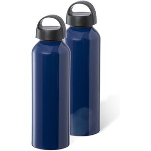 Bellatio Design Waterfles/drinkfles/sportfles - 2x - glans donkerblauw - aluminium - 800 ml - schroefdop