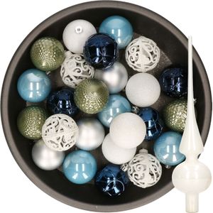 Decoris Kerstballen - 37x ST - kunststof - 6 cm - blauw-wit-zilver-groen - met glazen piek