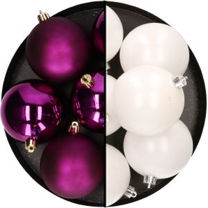Decoris Kerstballen - 12x st - 8 cm - wit en paars - kunststof
