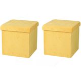 Urban Living Poef/hocker - 2x - opbergbox zit krukje - velvet geel - polyester/mdf - 38 x 38 cm - opvouwbaar