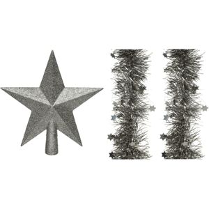 Set van een kerst ster piek en 2x stuks kerstslingers antraciet (warm grey) glitter 270 x 10 cm - Kerstversiering