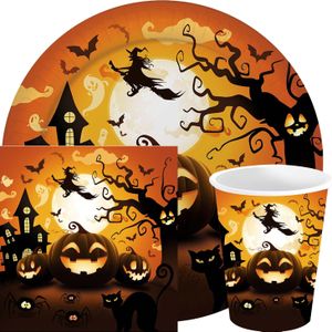 Fiestas Halloween/horror pompoen feest servies set borden/bekers/servetten - 36x - zwart- papier