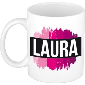 Laura  naam cadeau mok / beker met roze verfstrepen - Cadeau collega/ moederdag/ verjaardag of als persoonlijke mok werknemers