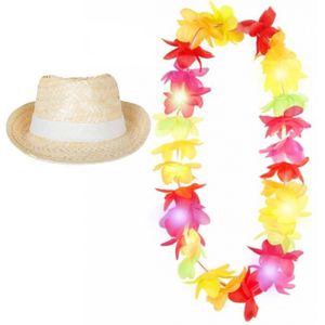 Carnaval verkleed set - Tropische Hawaii party - Ibiza strohoedje - en bloemenkrans met LED lichtjes - voor volwassenen