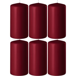 6x Bordeauxrode Cilinderkaarsen/Stompkaarsen 6 X 15 cm 58 Branduren - Geurloze Kaarsen Bordeauxrood