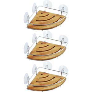 MSV doucherekje/badkamerrek - 3x - hoek-model - bamboe hout - metaal - 20 x 20 cm