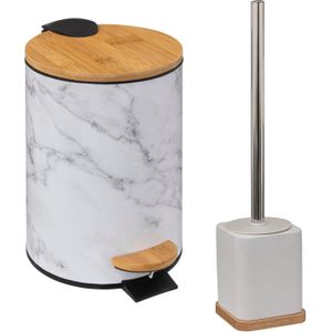 Badkamer/toilet accessoires set - WC-borstel in houder en prullenbak - wit - bamboe - 3 liter