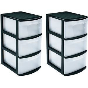 2x stuks ladeblok/bureau organizer met 3x lades zwart/transparant - L39 x B28.5 x H58.5 cm - Opruimen/opbergen laatjes