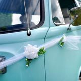 PartyDeco trouwauto lint roosjes - Bruiloft - wit met groen blad - just married