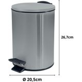 Spirella Pedaalemmer Cannes - zilver - 5 liter - metaal - L20 x H27 cm - soft-close - toilet/badkamer