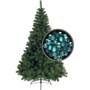 Bellatio Decorations kerstboom H150 cm - met kerstballen turquoise blauw