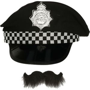 Carnaval verkleed politiepet - met politie thema plaksnor - zwart - heren - verkleedkleding accessoires