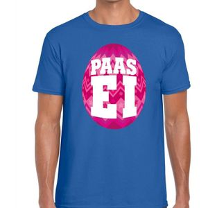 Blauw Paas t-shirt met roze paasei - Pasen shirt voor heren - Pasen kleding