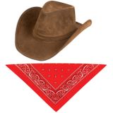 Carnaval verkleedset cowboyhoed Nebraska bruin - met rode hals zakdoek - voor volwassenen